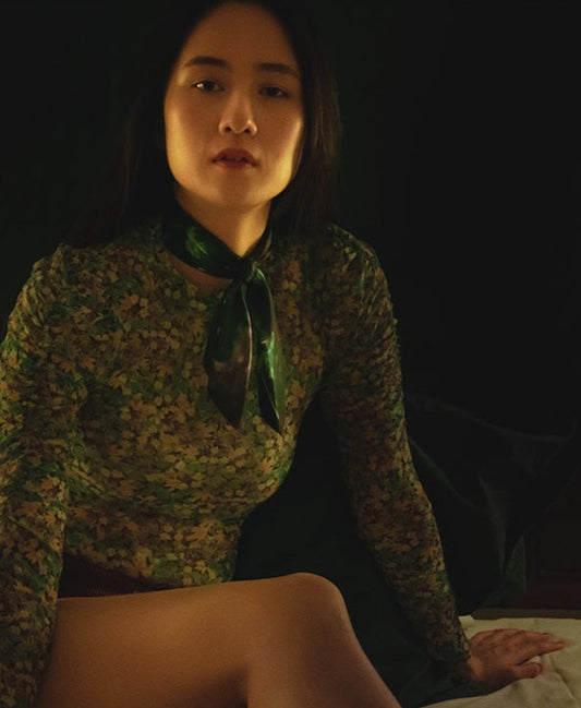 asian model wearing a french silk twill scarf from a friend of mine for a vintage style fashion shoot