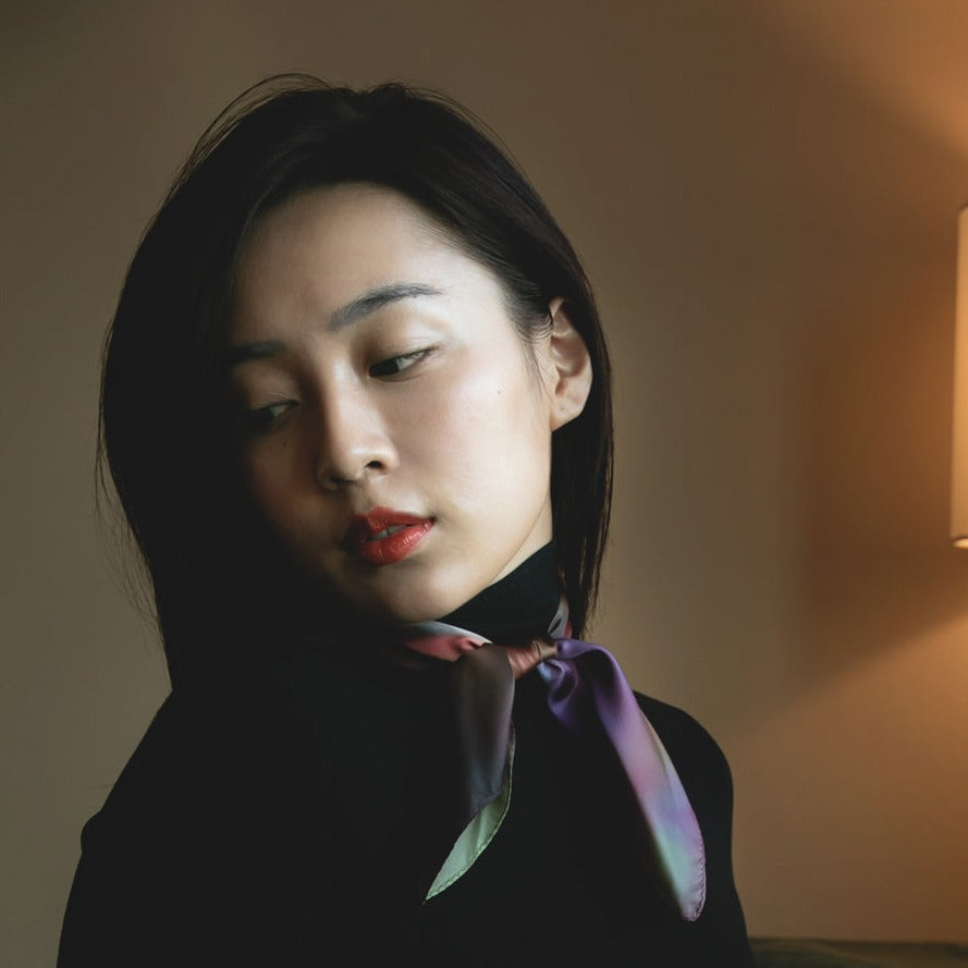 beautiful model wearing a french colorful silk twill scarf style from a friend of mine