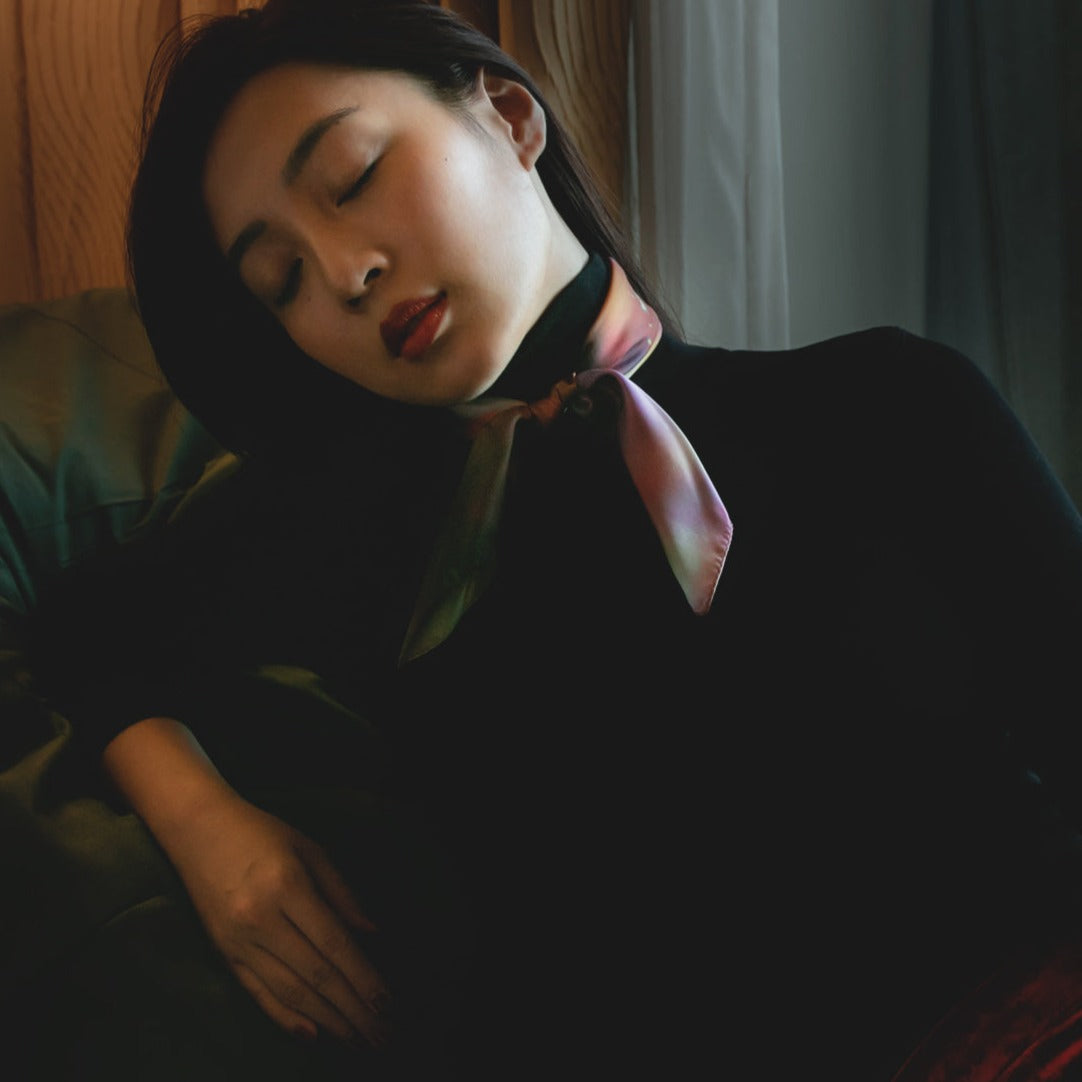 beautiful asian model wearing a french silk twill scarf style from a friend of mine