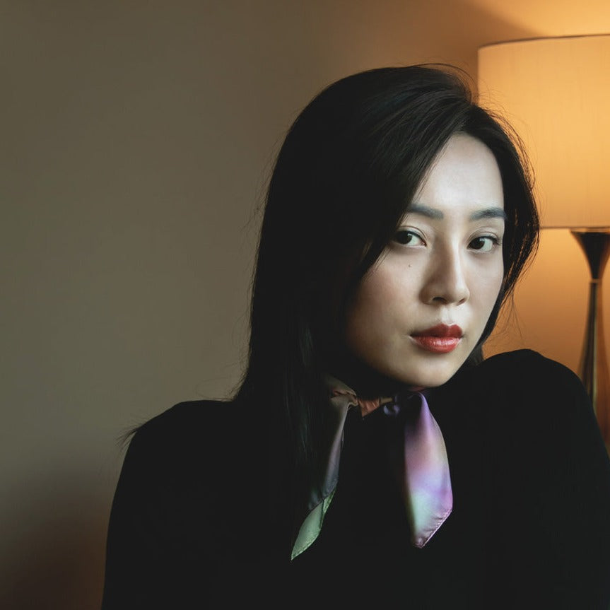 beautiful model wearing a french colorful silk twill scarf style from a friend of mine