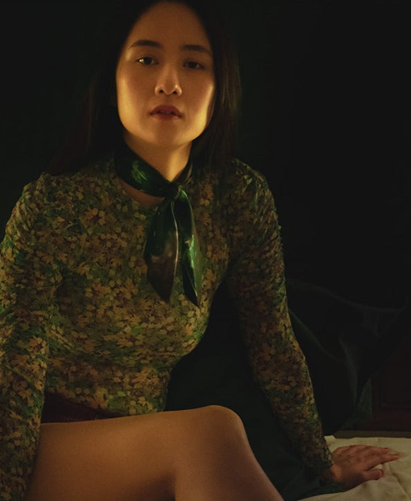 asian model wearing a french silk twill scarf from a friend of mine for a vintage style fashion shoot