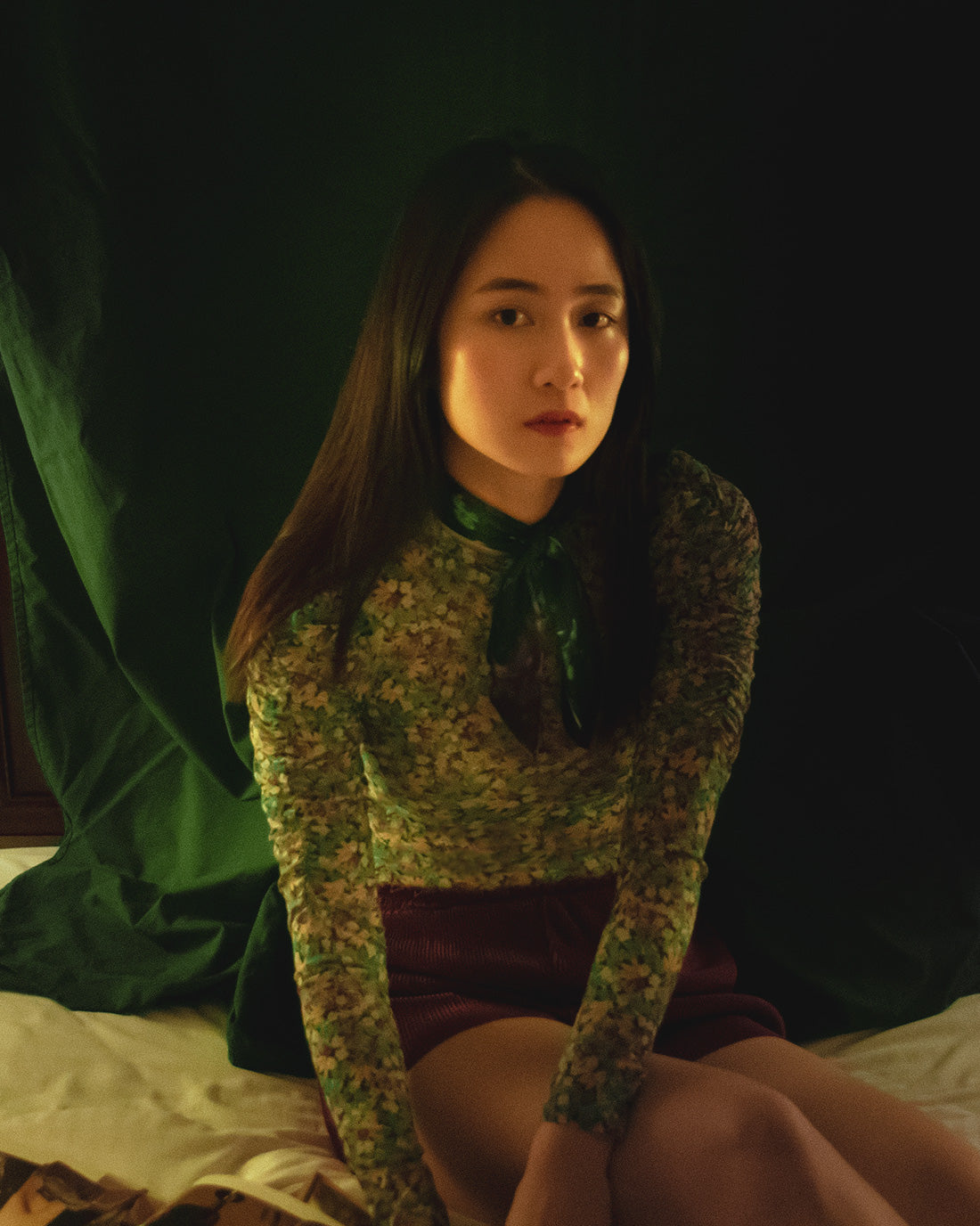 asian model wearing a french silk twill scarf from a friend of mine for a vintage style fashion shoot