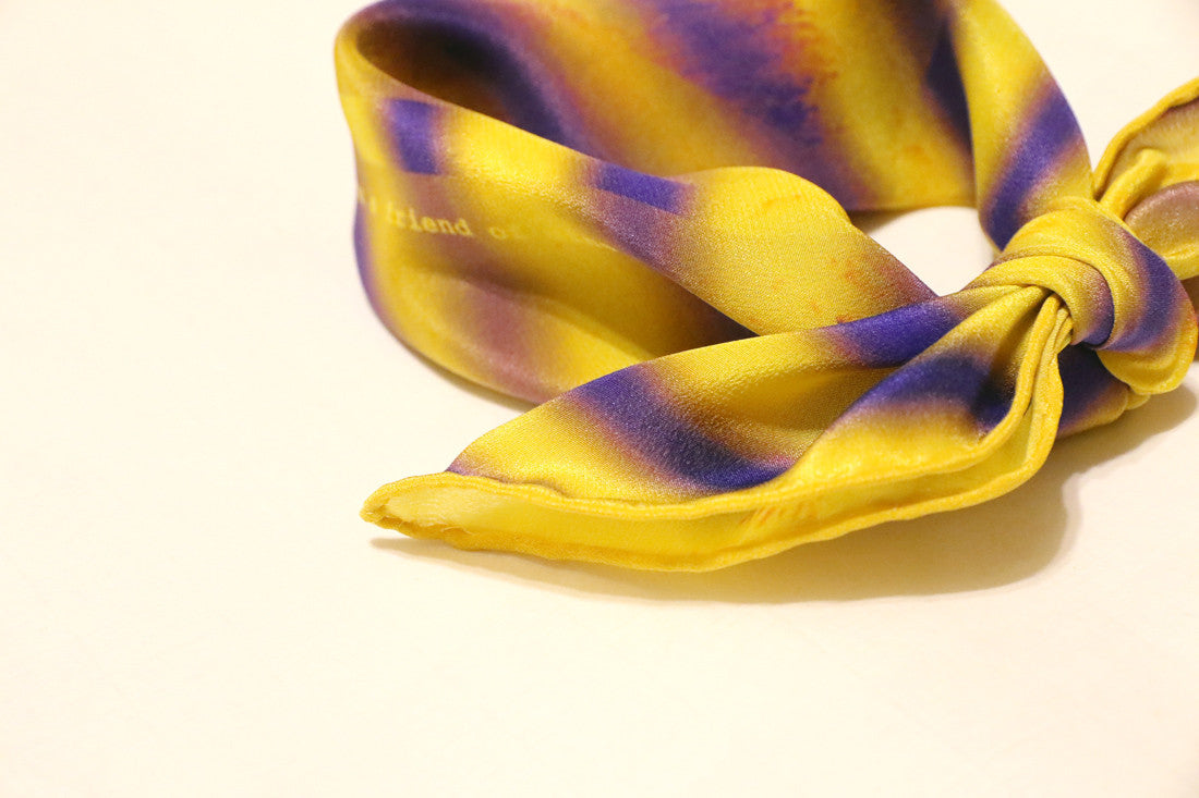 Stylish cool yellow silk scarf with purple stripes for isetan, colette, dover street market & selfridges!