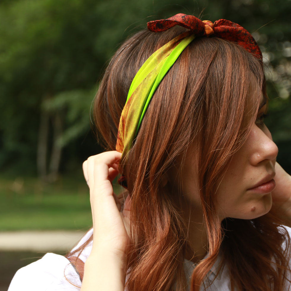 Shop bandanas & fluo green head scarf for women as luxury accessory online, Paris & Tokyo! Love Isetan, Colette, Goop, Off-White & Vogue!